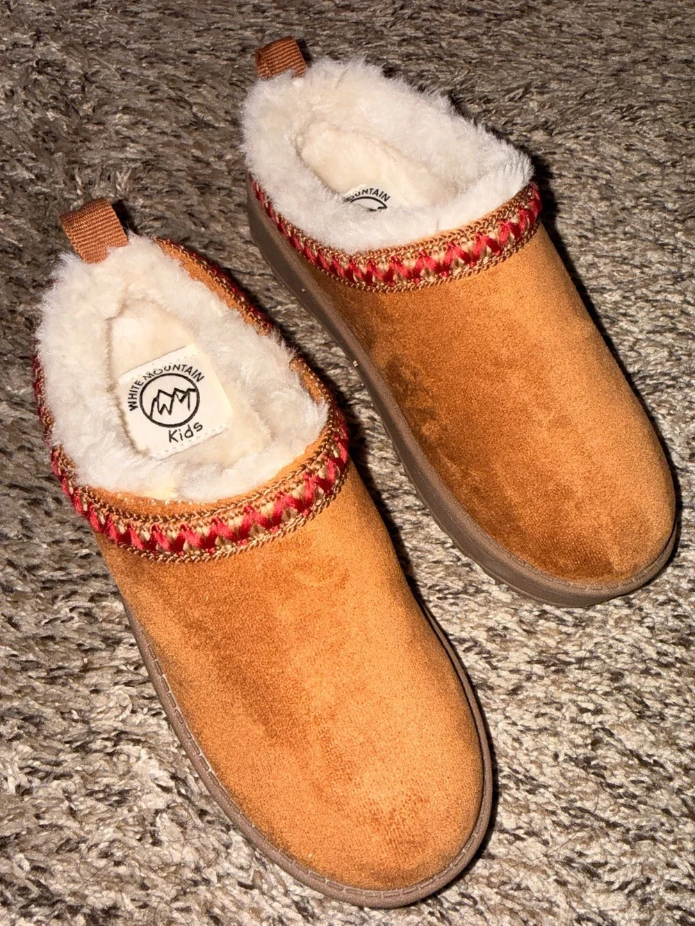 White Mountain Chestnut Faux-Suede Shearling Lined Slip-Ons with Red Trim